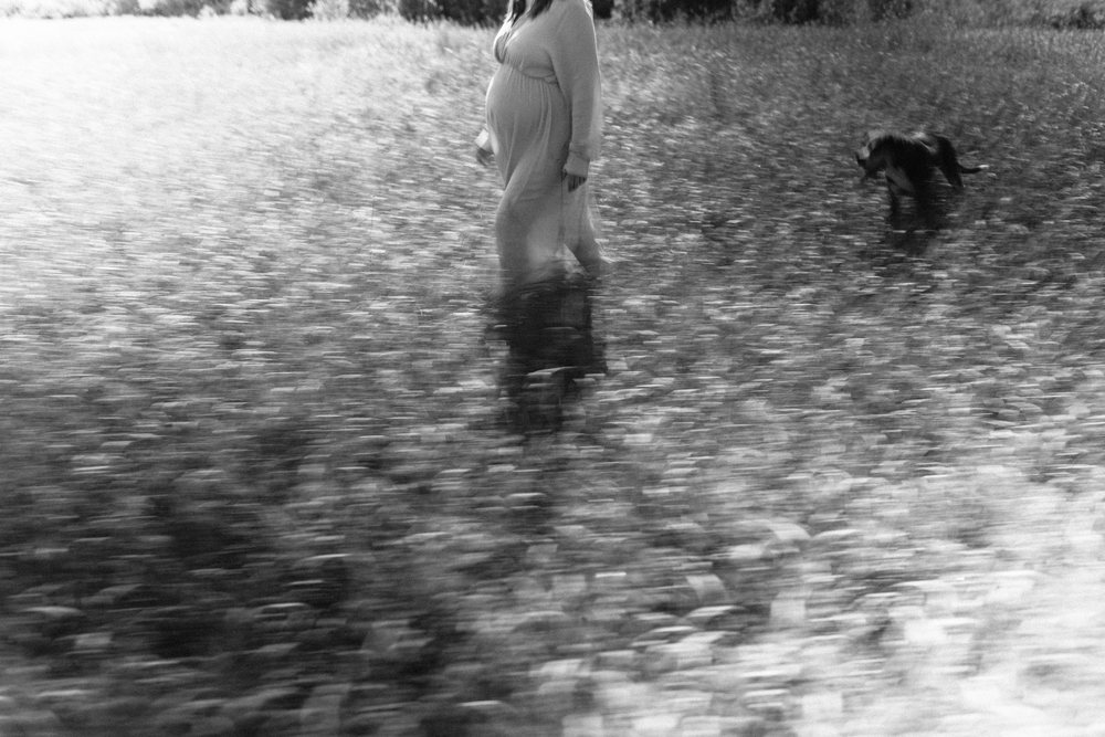 A woman in a long dress walks through tall grass with a dog beside her. Black and white with a soft motion blur over the whole frame.